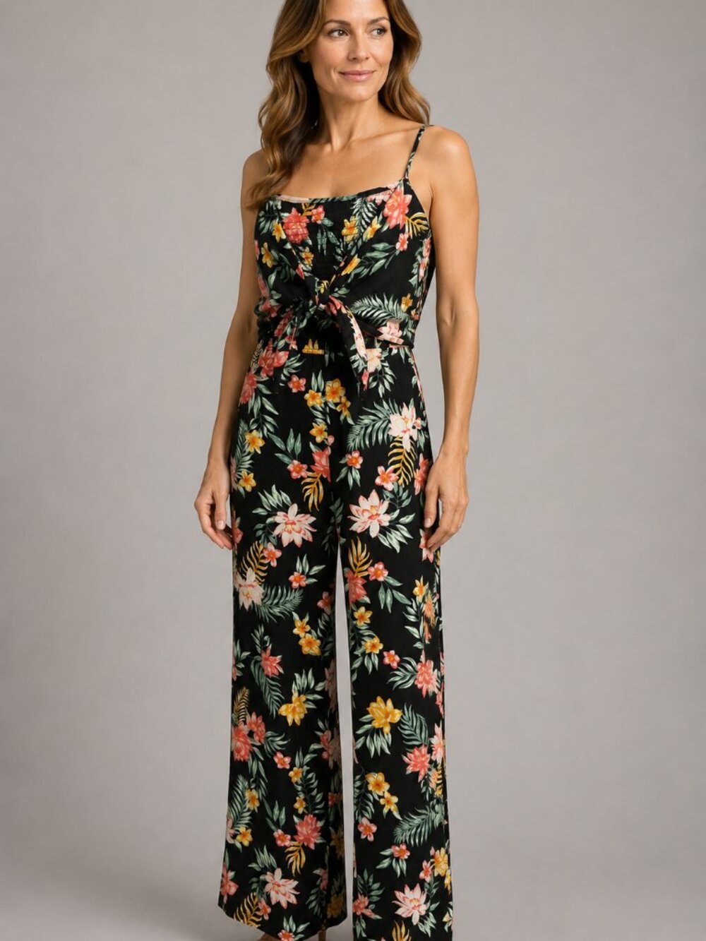 No Boundaries Black Tropical Floral Wide Leg Jumpsuit Size L 11-13 Tie Front